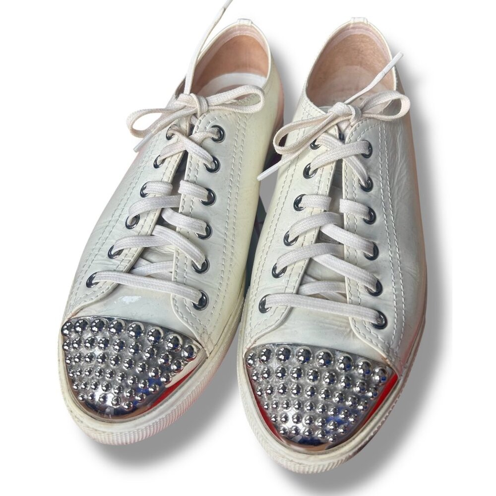 Mui Mui White Patent Silver Stud Sneakers Shoes Metal